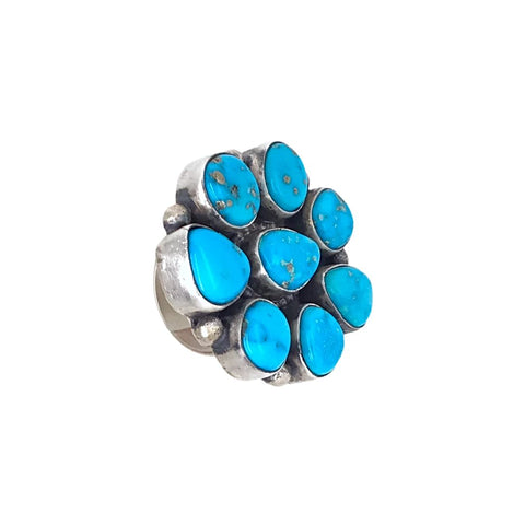 Image of Native American Ring - Navajo Large 8-Stone Blue Bird Turquoise Pyrite Sterling Silver Ring - Darrin Livingston - Native American