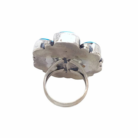 Image of Native American Ring - Navajo Large 8-Stone Blue Bird Turquoise Pyrite Sterling Silver Ring - Darrin Livingston - Native American