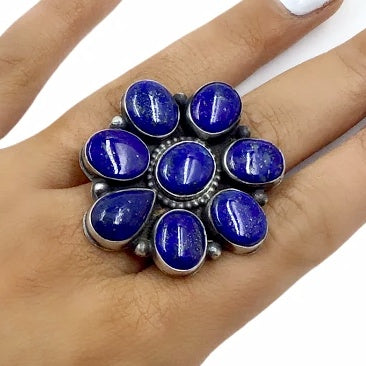 Image of Native American Ring - Navajo Large 8-Stone Lapis Cluster Sterling Silver Ring - Ella Peters - Native American