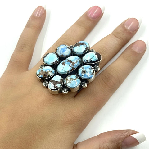 Image of Native American Ring - Navajo Large 9-Stone Golden Hills Turquoise Sterling Silver Ring - Mary Ann Spencer - Native American