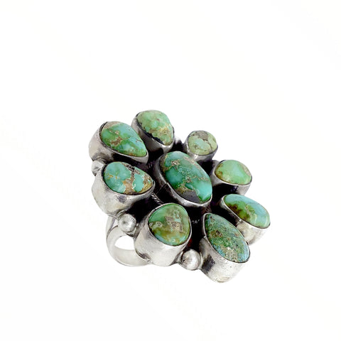 Image of Native American Ring - Navajo Large 9-Stone Sonoran Gold Turquoise Cluster Sterling Silver Ring - Ella Peters - Native American
