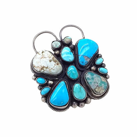Image of Native American Ring - Navajo Large Butterfly Dry Creek & Kingman Turquoise Cluster Sterling Silver Ring - Raymond Beard - Native American