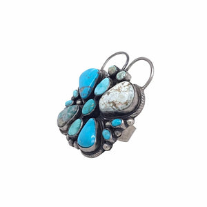 Native American Ring - Navajo Large Butterfly Dry Creek & Kingman Turquoise Cluster Sterling Silver Ring - Raymond Beard - Native American
