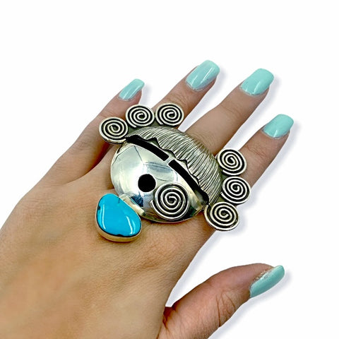 Image of Native American Ring - Navajo Large Corn Maiden Sleeping Beauty Turquoise Sterling Silver Wide Ring - Alex Sanchez - Native American