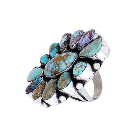 Image of Native American Ring - Navajo Large Dry Creek Spiderweb Turquoise Cluster Sterling Silver Ring - Bea Tom - Native American