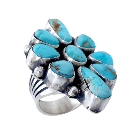 Image of Native American Ring - Navajo Large Dry Creek Turquoise 9 Stone Cluster Sterling Silver Ring - Bea Tom - Native American
