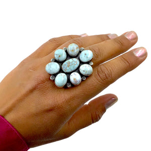 Native American Ring - Navajo Large Dry Creek Turquoise Flower Cluster Sterling Silver Ring - Mary Ann Spencer - Native American