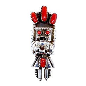 Native American Ring - Navajo Large Kachina Red Coral Sterling Silver Ring - Doris Small Canyon - Authentic Native American