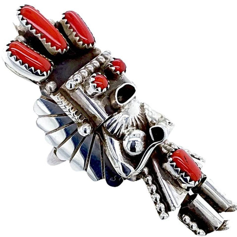 Image of Native American Ring - Navajo Large Kachina Red Coral Sterling Silver Ring - Doris Small Canyon - Authentic Native American