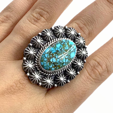 Image of Native American Ring - Navajo Large Kingman Turquoise Sterling Silver Stamped Beads Ring - Mike Calladitto - Native American
