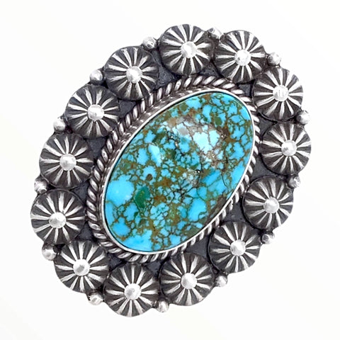 Image of Native American Ring - Navajo Large Kingman Turquoise Sterling Silver Stamped Beads Ring - Mike Calladitto - Native American