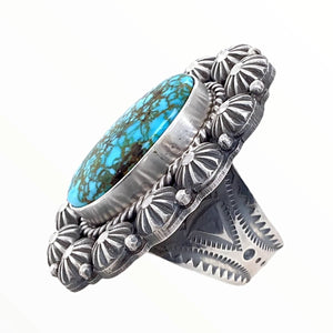 Native American Ring - Navajo Large Kingman Turquoise Sterling Silver Stamped Beads Ring - Mike Calladitto - Native American