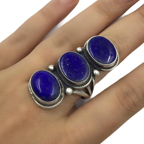 Image of Native American Ring - Navajo Large Lapis Triple-Stone Sterling Silver Ring - Bobby Johnson - Native American