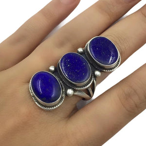 Native American Ring - Navajo Large Lapis Triple-Stone Sterling Silver Ring - Bobby Johnson - Native American