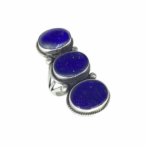 Image of Native American Ring - Navajo Large Lapis Triple-Stone Sterling Silver Ring - Bobby Johnson - Native American