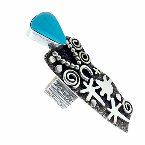 Image of Native American Ring - Navajo Large Petroglyphs Sleeping Beauty Turquoise Sterling Silver Wide Ring - Alex Sanchez - Native American