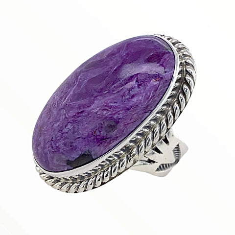Image of Native American Ring - Navajo Large Purple Charoite Stone Oval Sterling Silver Ring - Native American