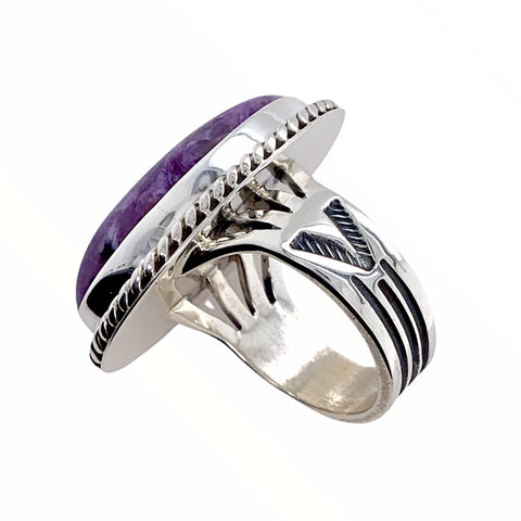 Image of Native American Ring - Navajo Large Purple Charoite Stone Oval Sterling Silver Ring - Native American