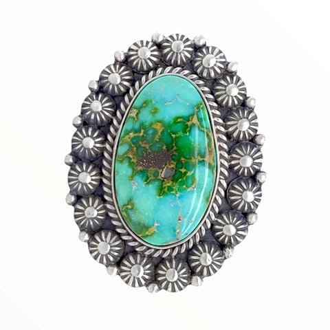 Image of Native American Ring - Navajo Large Sonoran Gold Turquoise Sterling Silver Stamped Beads Ring - Mike Calladitto - Native American