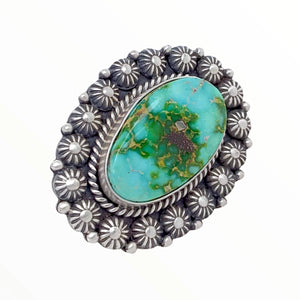 Native American Ring - Navajo Large Sonoran Gold Turquoise Sterling Silver Stamped Beads Ring - Mike Calladitto - Native American