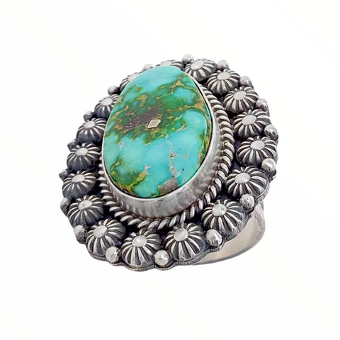 Image of Native American Ring - Navajo Large Sonoran Gold Turquoise Sterling Silver Stamped Beads Ring - Mike Calladitto - Native American