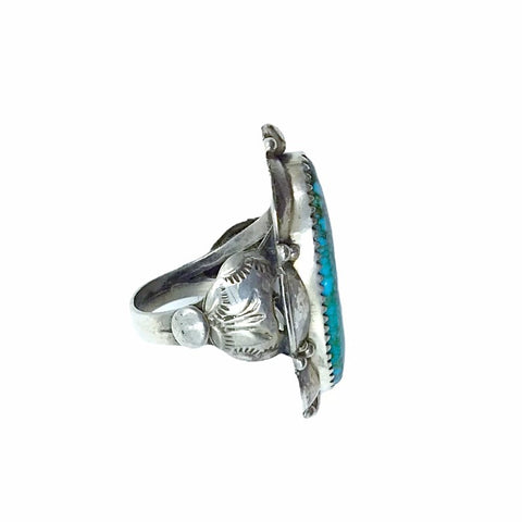 Image of Native American Ring - Navajo Large Sonoran Gold Turquoise Sterling Silver Stamped Ring - Native American