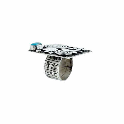 Image of Native American Ring - Navajo Large Square Petroglyphs Kingman Turquoise Sterling Silver Wide Ring - Alex Sanchez - Native American