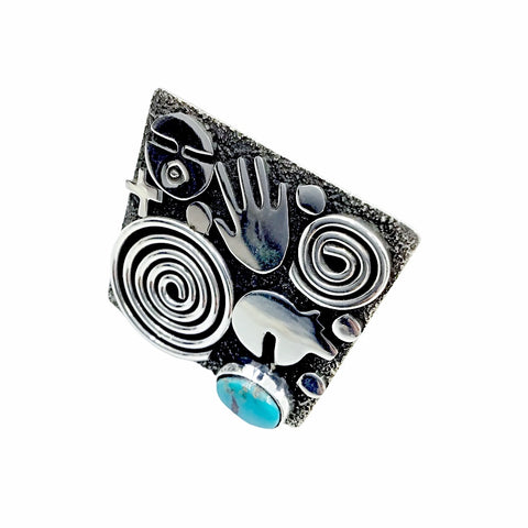 Image of Native American Ring - Navajo Large Square Petroglyphs Kingman Turquoise Sterling Silver Wide Ring - Alex Sanchez - Native American