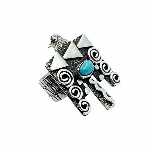 Image of Native American Ring - Navajo Large Thunderbird Petroglyphs Sleeping Beauty Turquoise Sterling Silver Wide Ring - Alex Sanchez - Native American