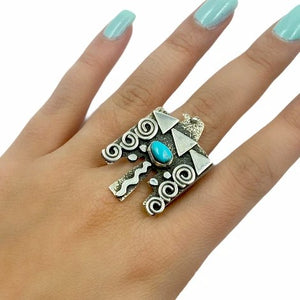 Native American Ring - Navajo Large Thunderbird Petroglyphs Sleeping Beauty Turquoise Sterling Silver Wide Ring - Alex Sanchez - Native American