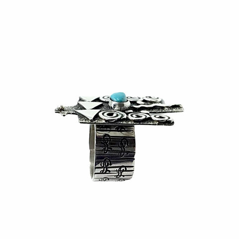 Image of Native American Ring - Navajo Large Thunderbird Petroglyphs Sleeping Beauty Turquoise Sterling Silver Wide Ring - Alex Sanchez - Native American