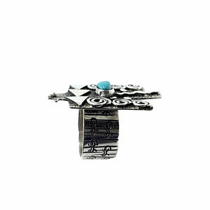 Native American Ring - Navajo Large Thunderbird Petroglyphs Sleeping Beauty Turquoise Sterling Silver Wide Ring - Alex Sanchez - Native American