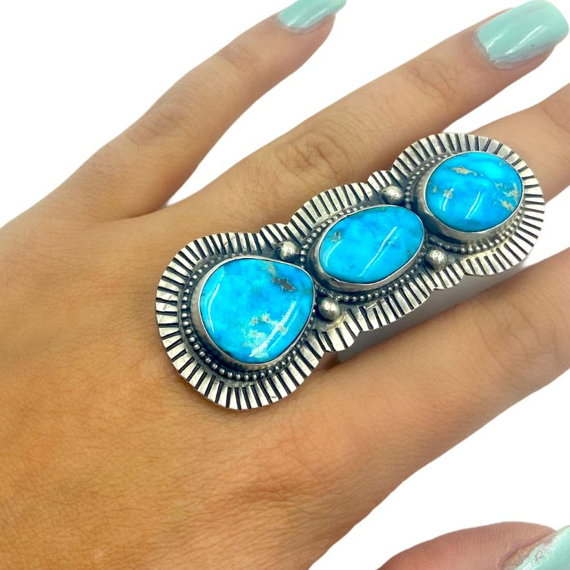 Navajo Large Triple Stone Blue Bird Turquoise Engraved Sterling