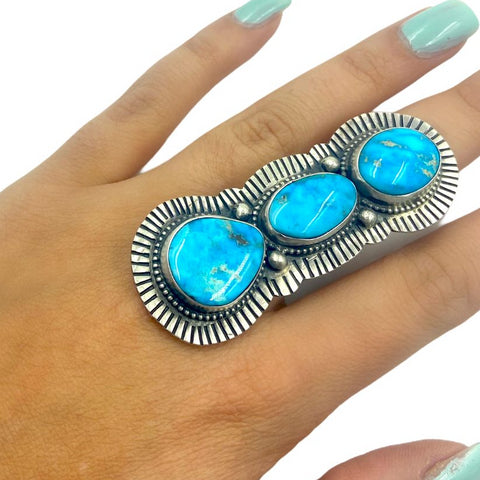 Image of Native American Ring - Navajo Large Triple-Stone Blue Bird Turquoise Engraved Sterling Silver Ring - Bobby Johnson - Native American
