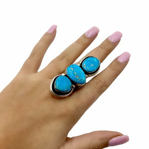 Native American Ring - Navajo Large Triple-Stone Blue Bird Turquoise Sterling Silver Ring - Darrin Livingston - Native American