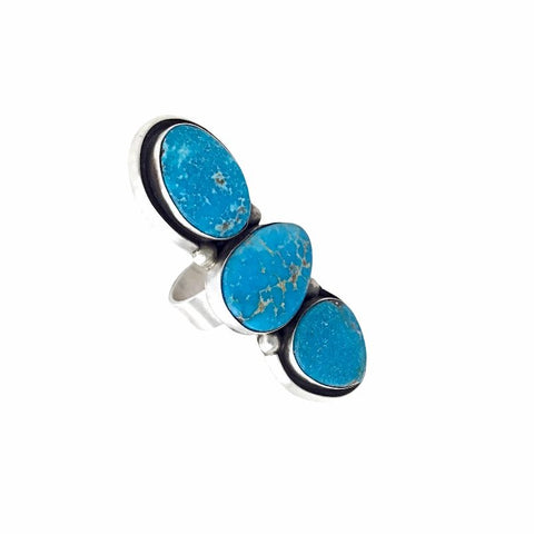 Image of Native American Ring - Navajo Large Triple-Stone Blue Bird Turquoise Sterling Silver Ring - Darrin Livingston - Native American