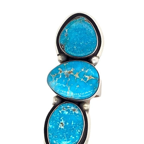 Image of Native American Ring - Navajo Large Triple-Stone Blue Bird Turquoise Sterling Silver Ring - Darrin Livingston - Native American