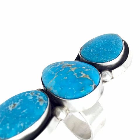 Image of Native American Ring - Navajo Large Triple-Stone Blue Bird Turquoise Sterling Silver Ring - Darrin Livingston - Native American