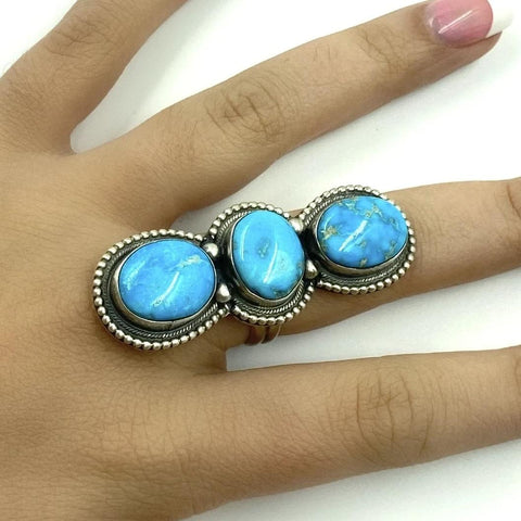 Image of Native American Ring - Navajo Large Triple-Stone Blue Bird Turquoise Sterling Silver Ring - Sheila Becenti - Native American