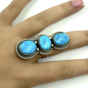 Native American Ring - Navajo Large Triple-Stone Blue Bird Turquoise Sterling Silver Ring - Sheila Becenti - Native American