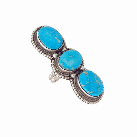 Image of Native American Ring - Navajo Large Triple-Stone Blue Bird Turquoise Sterling Silver Ring - Sheila Becenti - Native American