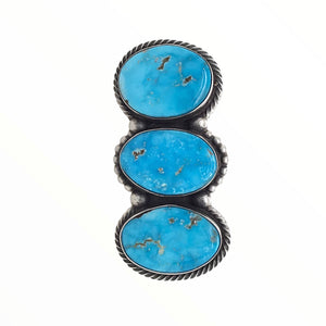 Native American Ring - Navajo Large Triple-Stone Row Bluebird Turquoise Ovals Sterling Silver Ring - Livingston - Native American