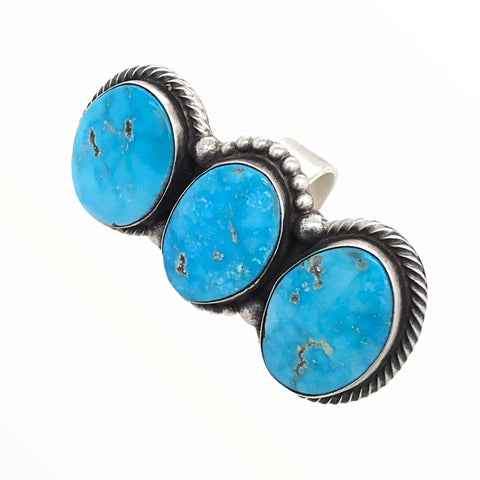 Image of Native American Ring - Navajo Large Triple-Stone Row Bluebird Turquoise Ovals Sterling Silver Ring - Livingston - Native American