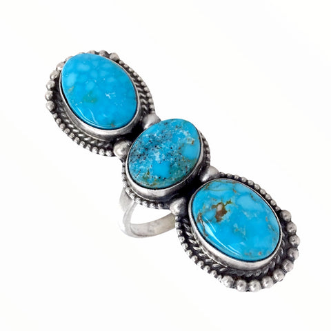 Image of Native American Ring - Navajo Large Triple-Stone Row Bluebird Turquoise Sterling Silver Ring - Native American