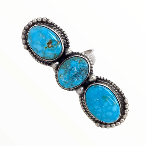 Image of Native American Ring - Navajo Large Triple-Stone Row Bluebird Turquoise Sterling Silver Ring - Native American