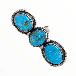 Native American Ring - Navajo Large Triple-Stone Row Bluebird Turquoise Sterling Silver Ring - Native American