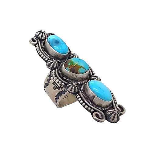 Image of Native American Ring - Navajo Large Triple-Stone Row Sonoran Gold Turquoise Sterling Silver Stamped Beads Ring - Native American