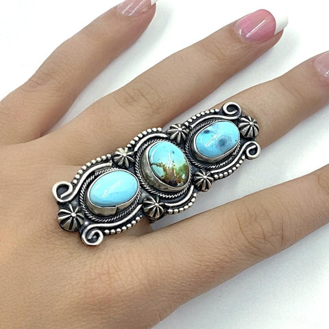 Image of Native American Ring - Navajo Large Triple-Stone Row Sonoran Gold Turquoise Sterling Silver Stamped Beads Ring - Native American