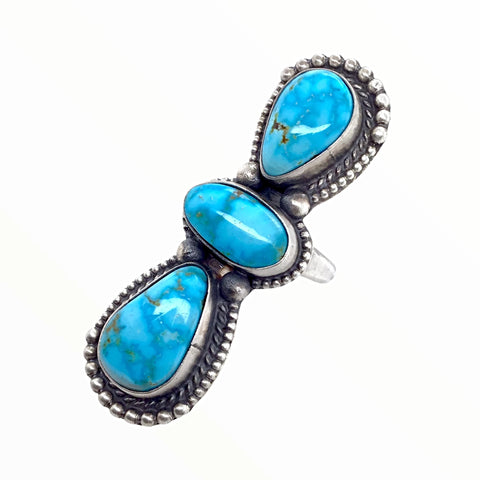 Image of Native American Ring - Navajo Large Triple-Stone Row Sonoran Gold Turquoise Teardrops Sterling Silver Ring - Native American