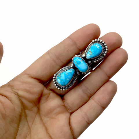 Image of Native American Ring - Navajo Large Triple-Stone Row Sonoran Gold Turquoise Teardrops Sterling Silver Ring - Native American